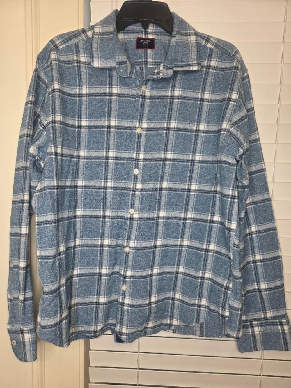 Untuckit Mens Large Blue & White Plaid Flannel Shirt Regular Fit Casual Style